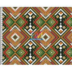 Tecido tricoline, microfibra ou gabardine estampado - Étnico - Flechas - verde e laranja