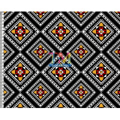 Tecido tricoline, microfibra ou gabardine estampado - Étnico - Oriental - Preto com laranja