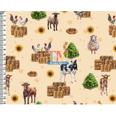 Tecido tricoline, microfibra ou gabardine estampado - Fazenda - Girassol - Fundo Bege