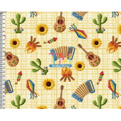 Tecido tricoline, microfibra ou gabardine estampado - Festa Junina 3D - Sanfona e Violão - Fundo Amarelo