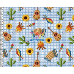 Tecido tricoline, microfibra ou gabardine estampado - Festa Junina 3D - Sanfona e Violão - Fundo Azul