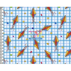 Tecido tricoline, microfibra ou gabardine estampado - Festa junina - balões - fundo xadrez azul