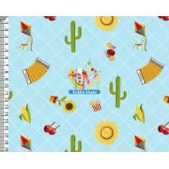 Tecido tricoline, microfibra ou gabardine estampado - Festa junina - fundo azul quadriculado