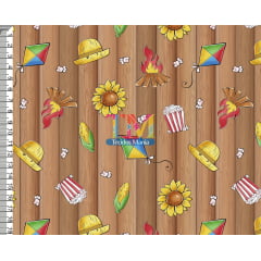 Tecido tricoline, microfibra ou gabardine estampado - Festa Junina - fundo madeira