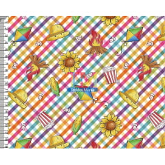 Tecido tricoline, microfibra ou gabardine estampado - festa junina -  fundo neon color