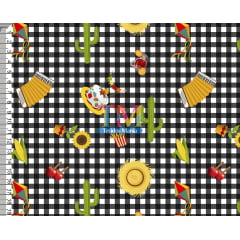 Tecido tricoline, microfibra ou gabardine estampado -  festa junina - fundo xadrez preto