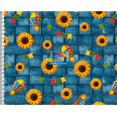 Tecido tricoline, microfibra ou gabardine estampado - Festa junina - Girassol - Fundo Jeans