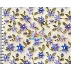 Tecido tricoline, microfibra ou gabardine estampado - Floral Agnes - Roxo - 3D