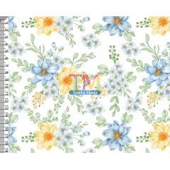 Tecido tricoline, microfibra ou gabardine estampado - Floral - Azul e Amarelo - fundo branco