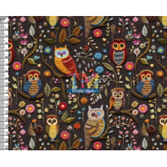 Tecido tricoline, microfibra ou gabardine estampado - Floral - coruja - colorida - bordado - 3d 