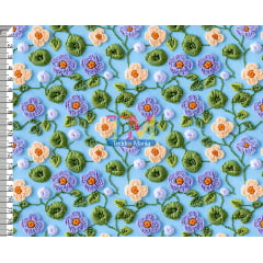Tecido tricoline, microfibra ou gabardine estampado - Floral Fatima - Fundo Azul - Bordado - 3D