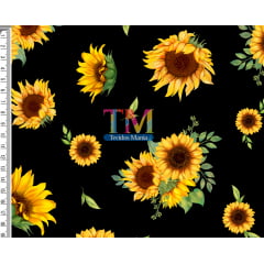 Tecido tricoline, microfibra ou gabardine estampado - Floral  Girassol - Fundo preto