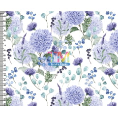 Tecido tricoline, microfibra ou gabardine estampado - Floral - Hortênsia - Roxo e Lilás