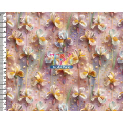 Tecido tricoline, microfibra ou gabardine estampado - Floral íris - Pérolas - 3D