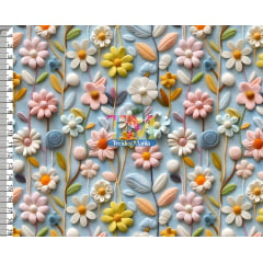 Tecido tricoline, microfibra ou gabardine estampado  - Floral - Josy - fundo azul - 3D