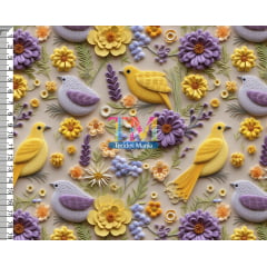 Tecido tricoline, microfibra ou gabardine estampado - Floral - pássaros - lilás e amarelo - 3d  