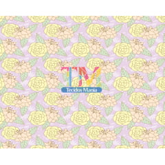 Tecido tricoline, microfibra ou gabardine estampado  - Flores amarelas - fundo lilás
