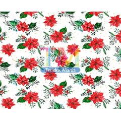 Tecido tricoline, microfibra ou gabardine estampado - Flores natalinas - fundo branco