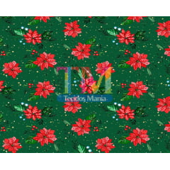 Tecido tricoline, microfibra ou gabardine estampado - Flores natalinas - fundo verde