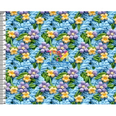 Tecido tricoline, microfibra ou gabardine estampado - Flores - Roxo e amarelo - Bordado - 3D