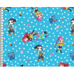 Tecido tricoline, microfibra ou gabardine estampado - Guerreiras do K-pop - Huntrix - bolinhas - fundo azul