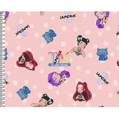 Tecido tricoline, microfibra ou gabardine estampado - Guerreiras do K-pop - Huntrix - fundo rosa bebê