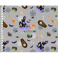 Tecido tricoline, microfibra ou gabardine estampado - Halloween - Assombrado - fundo cinza