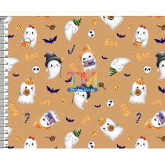 Tecido tricoline, microfibra ou gabardine estampado - Halloween - Fantasma - fundo laranja