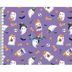 Tecido tricoline, microfibra ou gabardine estampado - Halloween - Fantasma - fundo roxo