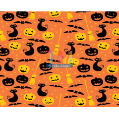 Tecido tricoline, microfibra ou gabardine estampado - Halloween - Gato e abóbora - fundo laranja