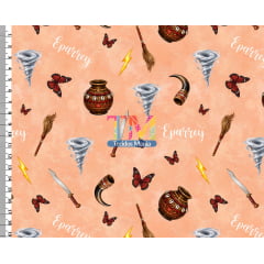 Tecido tricoline, microfibra ou gabardine estampado - Iansã - Furacão - Fundo Laranja Tecido tricoline, microfibra ou gabardine estampado - Iansã - Furacão - Fundo Laranja
