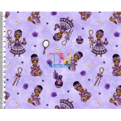 Tecido tricoline, microfibra ou gabardine estampado - Ibeji - Erê Nanã - Fundo Lilás Tecido tricoline, microfibra ou gabardine estampado - Ibeji - Erê Nanã - Fundo Lilás