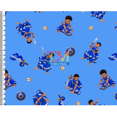 Tecido tricoline, microfibra ou gabardine estampado - Ibeji - Erê Ogum - Fundo Azul