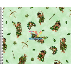 Tecido tricoline, microfibra ou gabardine estampado - Ibeji - Erê Oxóssi - Fundo Verde