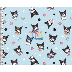 Tecido tricoline, microfibra ou gabardine estampado - Kuromi - Fundo Azul
