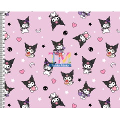 Tecido tricoline, microfibra ou gabardine estampado - Kuromi - Fundo Rosa