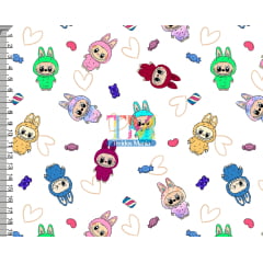 Tecido tricoline, microfibra ou gabardine estampado - Labubu - Corações e doces - Fundo branco