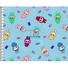 Tecido tricoline, microfibra ou gabardine estampado - Labubu - Corações e doces - Fundo Tiffany