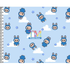 Tecido tricoline, microfibra ou gabardine estampado - Labubu - Nuvens - Fundo azul