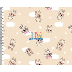 Tecido tricoline, microfibra ou gabardine estampado - Labubu  -  Nuvens - fundo Bege
