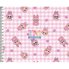 Tecido tricoline, microfibra ou gabardine estampado - Labubu - Xadrez love - rosa
