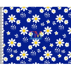 Tecido tricoline, microfibra ou gabardine estampado  -   Margaridas brancas - fundo azul royal 