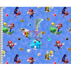 Tecido tricoline, microfibra ou gabardine estampado - Mario Bros - Galáxia - fundo azul