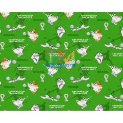 Tecido tricoline, microfibra ou gabardine estampado - Mascote - Copa do Mundo - Fundo Verde