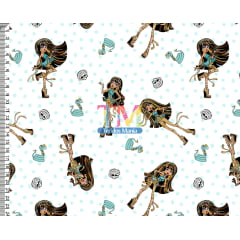 Tecido tricoline, microfibra ou gabardine estampado - Monster High - Cleo de Nile - fundo Branco Tecido tricoline, microfibra ou gabardine estampado - Monster High - Cleo de Nile - fundo Branco