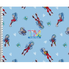 Tecido tricoline, microfibra ou gabardine estampado - Monster High - Ghoulia Yelps - Fundo azul Tecido tricoline, microfibra ou gabardine estampado - Monster High - Ghoulia Yelps - Fundo azul