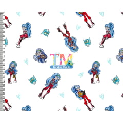 Tecido tricoline, microfibra ou gabardine estampado - Monster High - Ghoulia Yelps - Fundo Branco Tecido tricoline, microfibra ou gabardine estampado - Monster High - Ghoulia Yelps - Fundo Branco