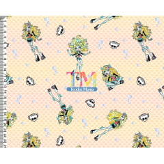 Tecido tricoline, microfibra ou gabardine estampado - Monster High - lagoona blue - Fundo amarelo Tecido tricoline, microfibra ou gabardine estampado - Monster High - lagoona blue - Fundo amarelo