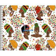 Tecido tricoline, microfibra ou gabardine estampado - Mulheres afro - Fundo Animal Print