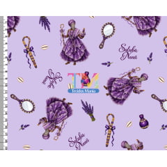 Tecido tricoline, microfibra ou gabardine estampado - Nanã - Fundo Lilás Tecido tricoline, microfibra ou gabardine estampado - Nanã - Fundo Lilás